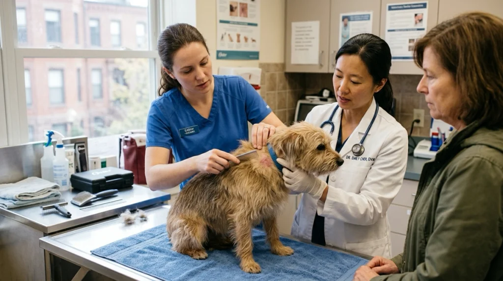 Groomer and veterinarian examine a dog's matting and irritated skin while the owner watches.