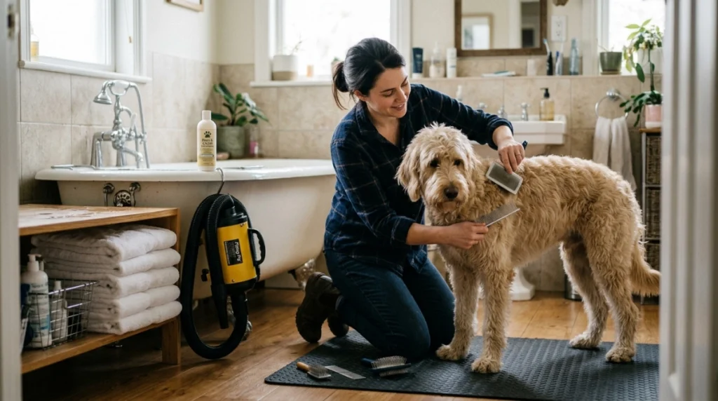 Dog grooming setup showing brushing, bathing, drying and finishing tools.