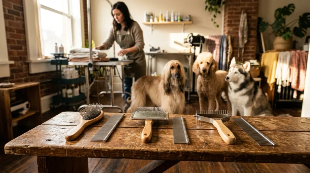 Three brush and comb combinations arranged for silky, curly, and dense dog coats.