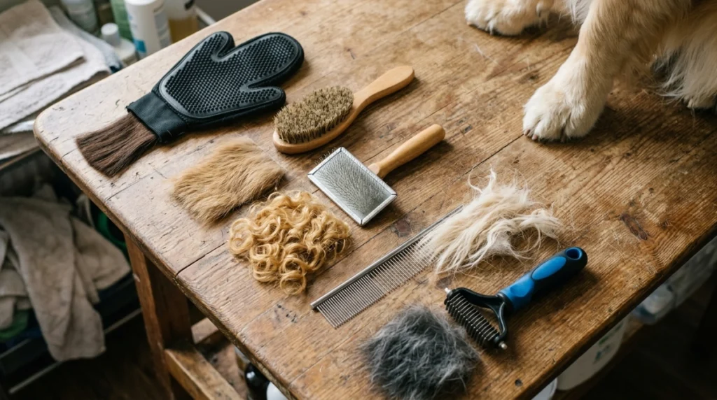 Five common dog grooming tools arranged beside examples of different coat textures.