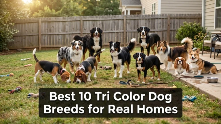 Ten tri color dog breeds together in a realistic family backyard.