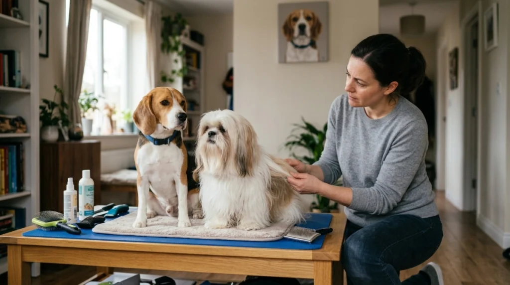 Owner comparing grooming needs of two dog breeds