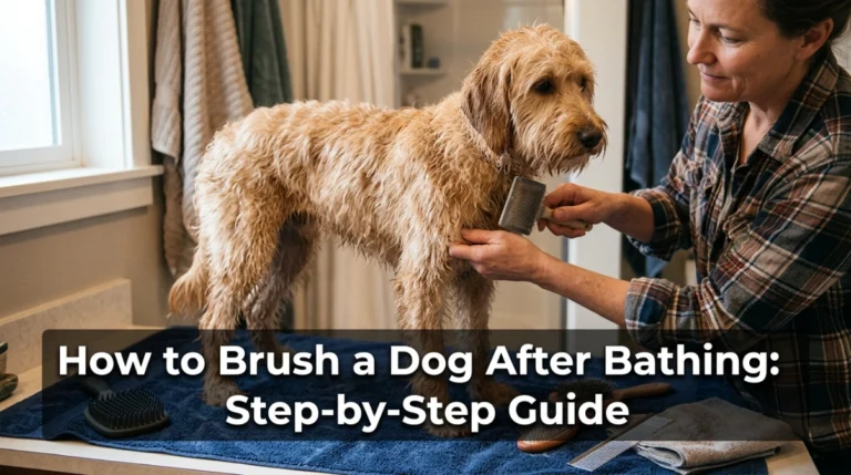 Infographic showing post-bath dog brushing steps, coat types, grooming tools, and mat safety.