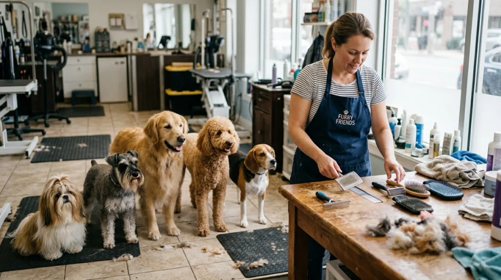 Five dog coat types beside brushes used for different grooming schedules.