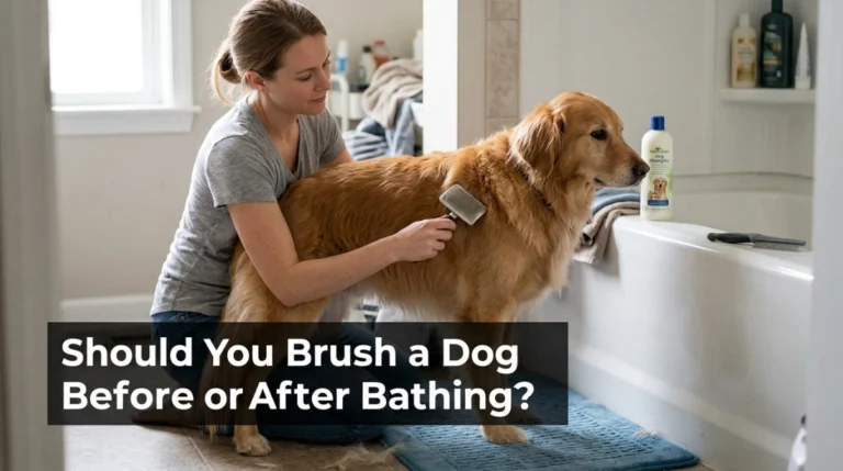 Owner brushing a dog before bathing in a home bathroom.