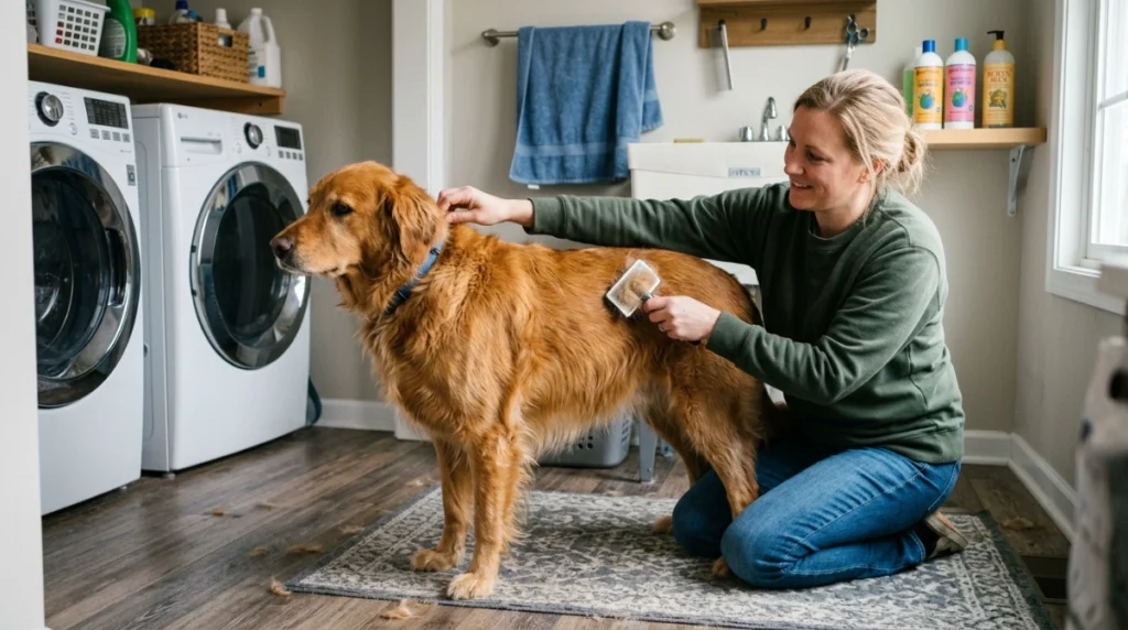 Check and lightly brush the dry coat before every normal bath