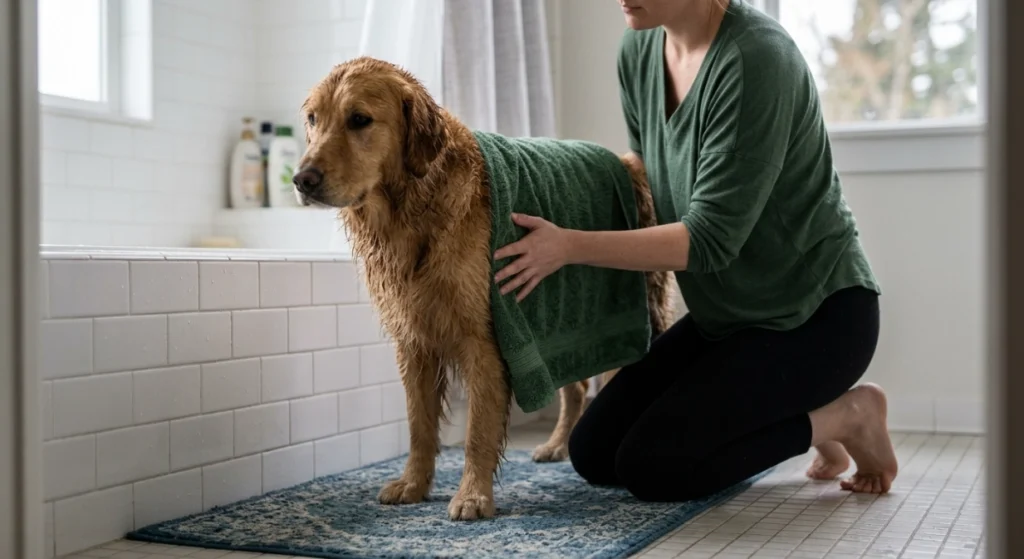 Owner towels a freshly bathed dog before brushing its damp coat.