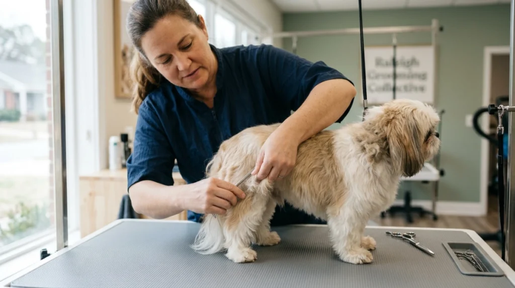 Groomer gently works a loose dog tangle while supporting hair near the skin.