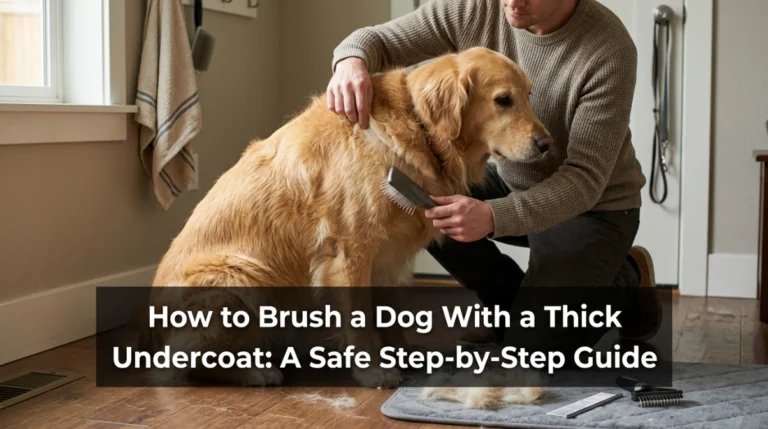 Golden Retriever with thick undercoat being gently line-brushed at home.