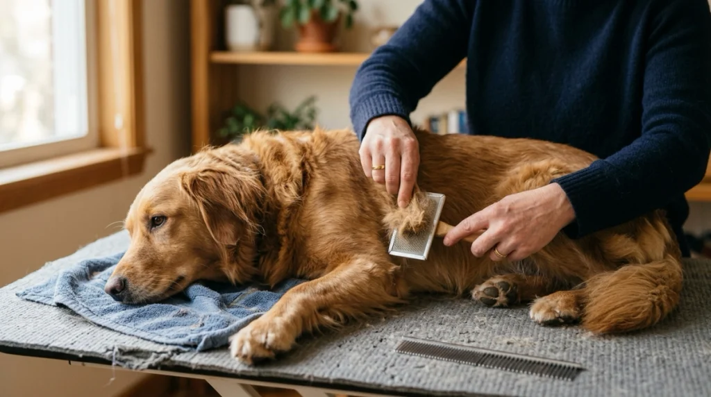 Owner gently brushing a dog while supporting hair above a small tangle.