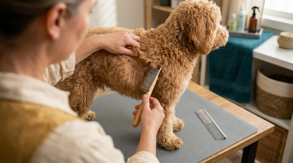 How to brush a Goldendoodle by lifting coat sections and using a slicker brush near the skin.