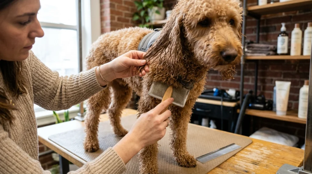 Owner line-brushes a damp curly dog in thin layers and checks the coat with a comb.