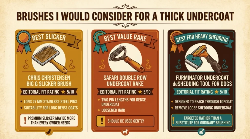 Comparison infographic for Big G slicker, Safari rake, and FURminator de-shedding tool.