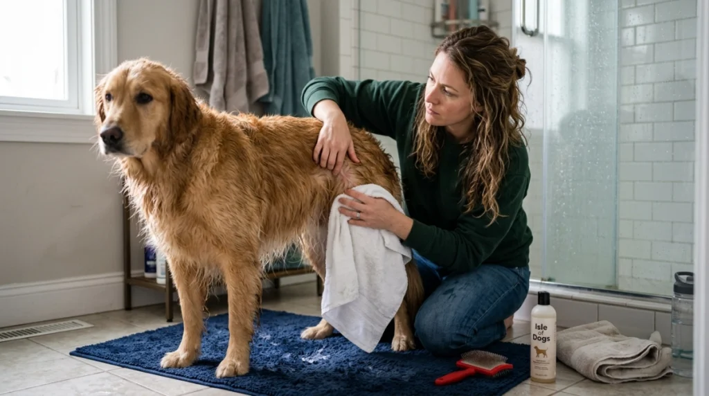 Owner carefully avoiding common brushing and bathing mistakes with a dog.