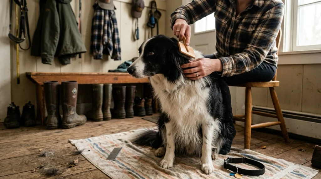 Border Collie being gently brushed behind the ear, a common tangle-prone area.
