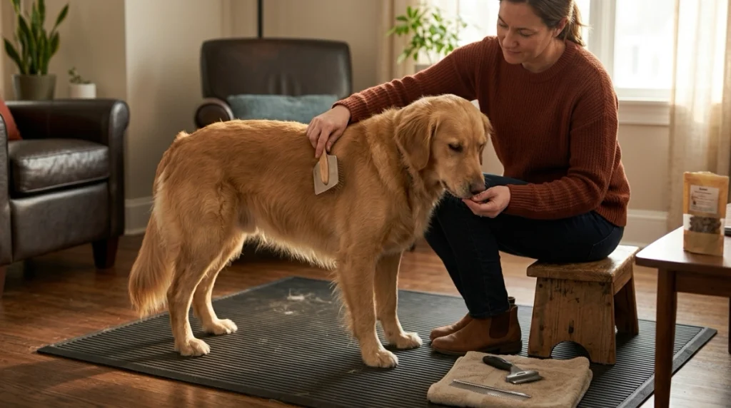 Relaxed dog voluntarily participating in gentle cooperative brushing with treats.