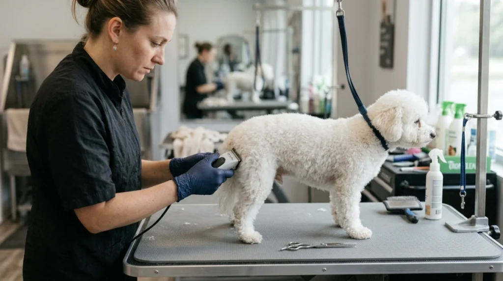 Groomer safely trimming tangled dog fur with clippers