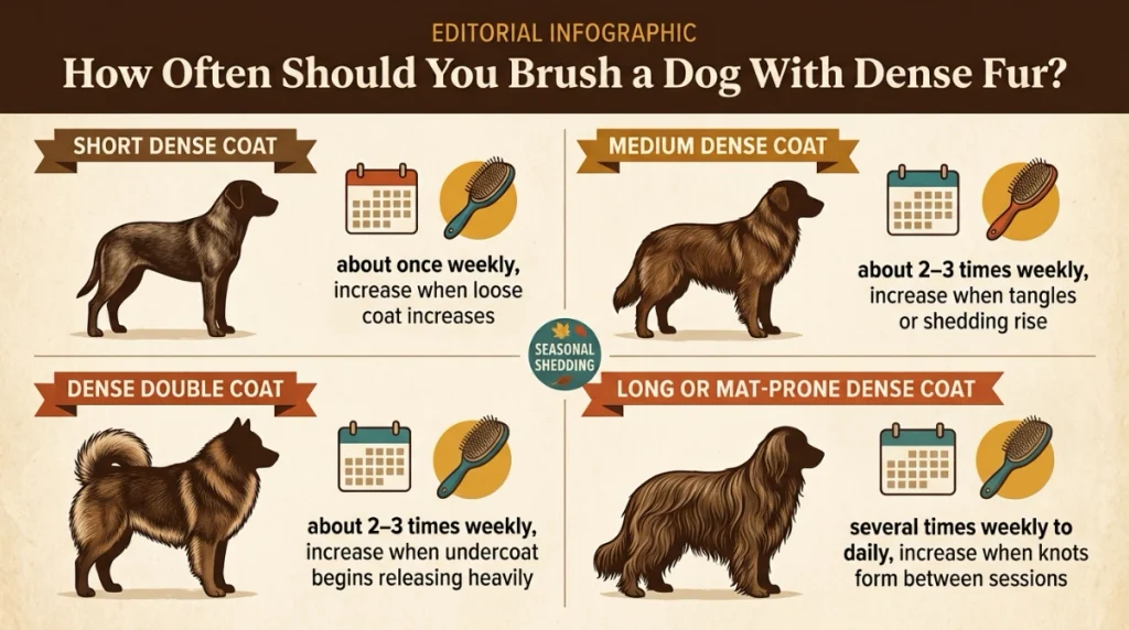 Dense dog coat brushing schedule from once weekly to daily based on coat type.