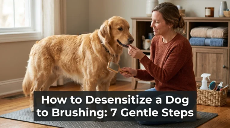 Calm dog on a non-slip mat learning to accept a grooming brush with treats.