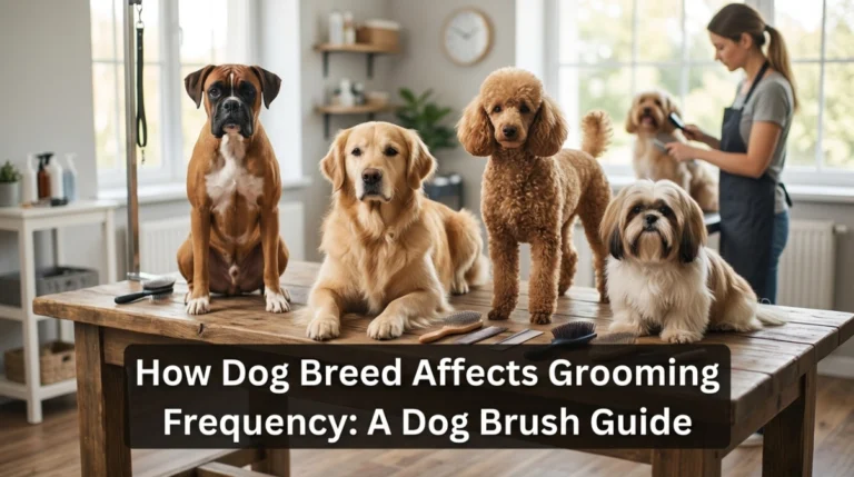 Dog breeds with different coat types and grooming brushes