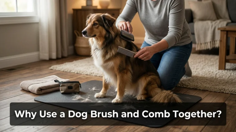 Dog owner using a brush and metal comb together on a long-coated dog.