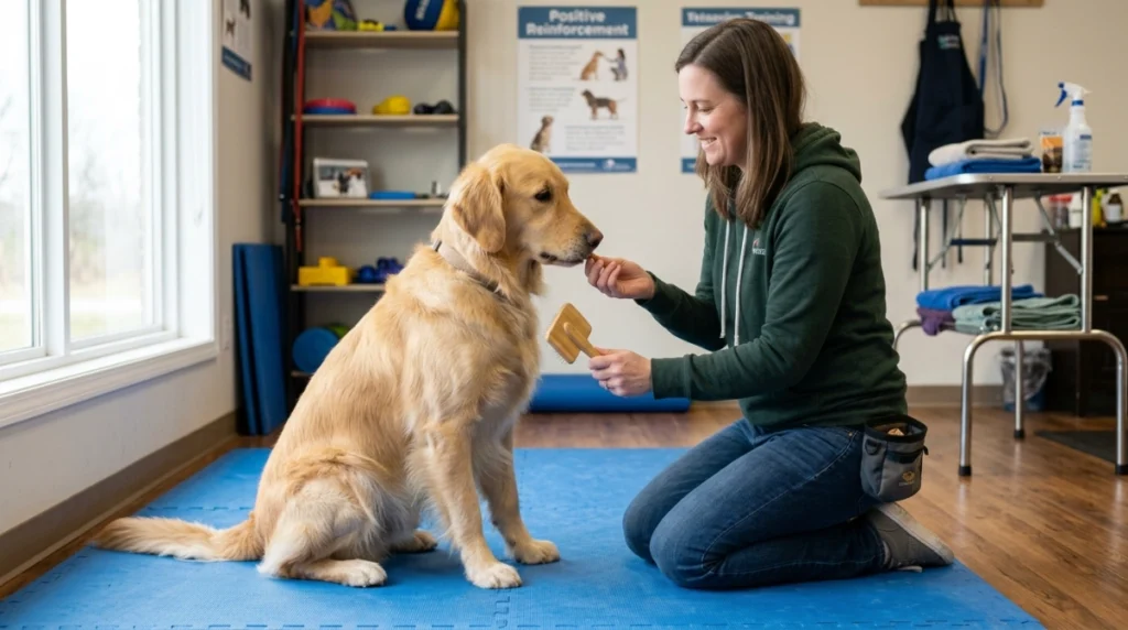 Dog learning brushing through rewards