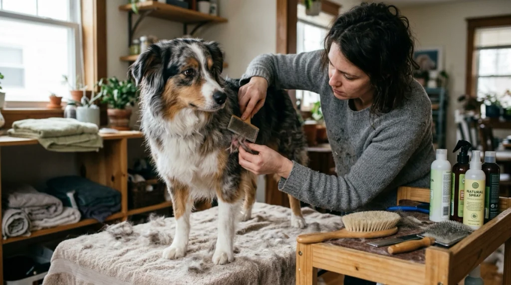 Owner checks dog coat and brush while assessing possible causes of grooming discomfort.
