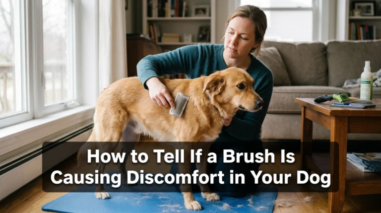 Dog turning toward a brush while owner pauses to check for grooming discomfort.