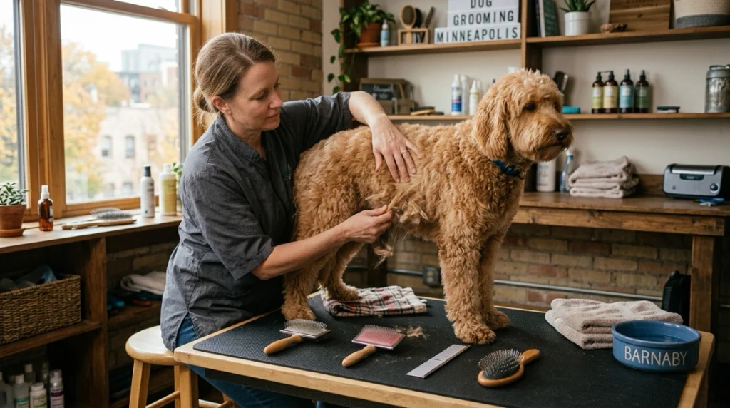 Grooming tools arranged in sequence beside an owner inspecting a long-haired dog's coat.