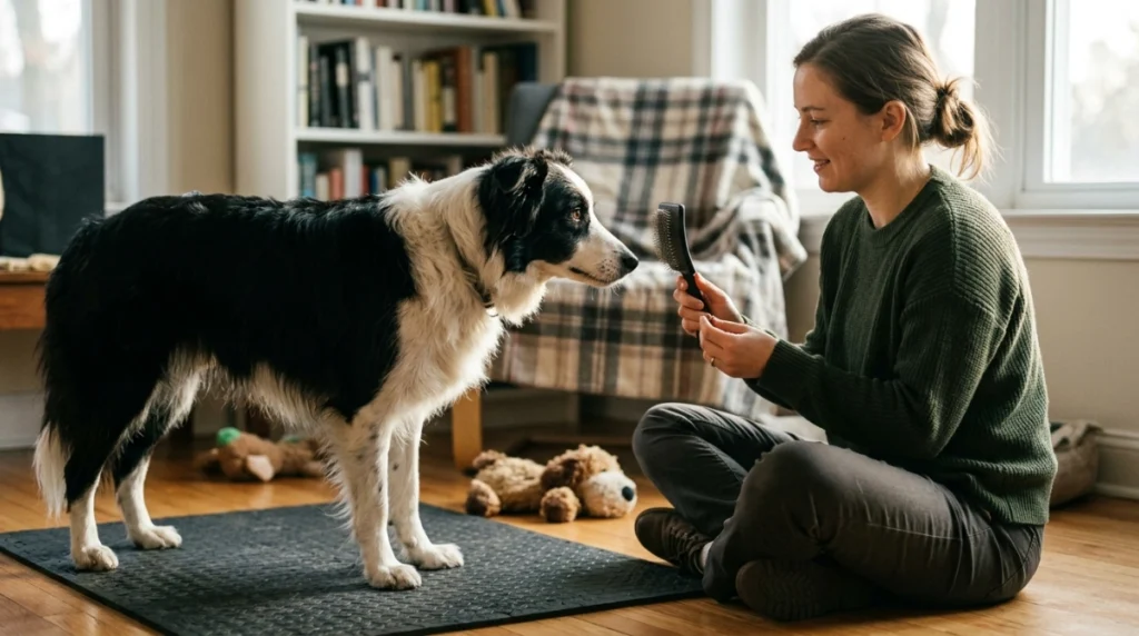Dog calmly sees a grooming brush while receiving a treat during desensitization training.