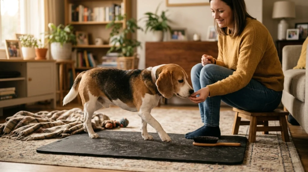 Relaxed dog voluntarily returns to a grooming mat after a short brushing break.