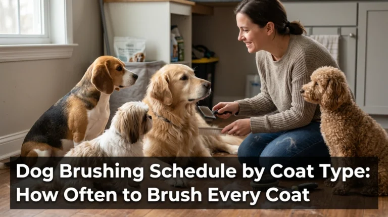 Different dog coat types with grooming brushes illustrating a coat-based brushing schedule.