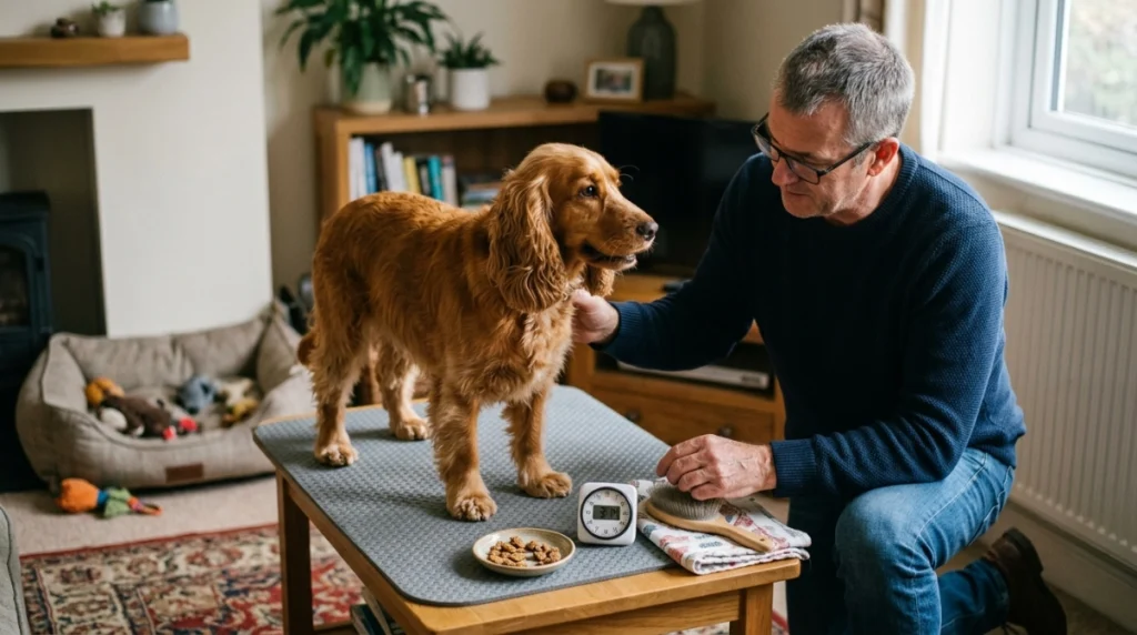 Owner keeps a dog brushing session brief using a timer and small rewards.