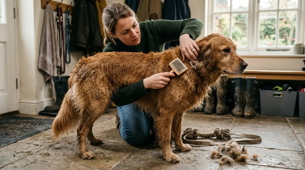Dog owner checks small tangles, loose fur, and debris in a long-coated dog's coat.