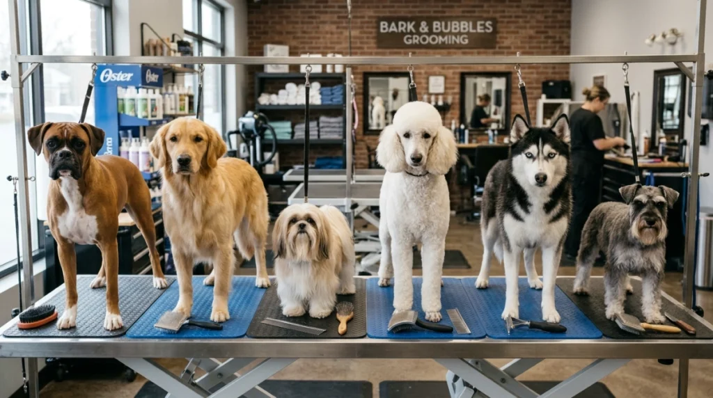 Six dog coat types with matching grooming brushes