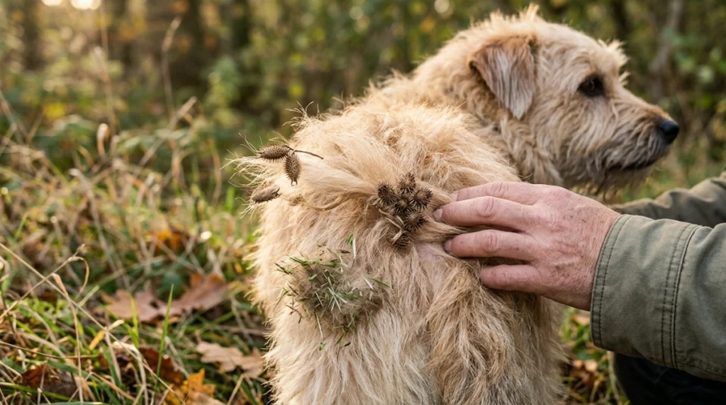 Different burr types trapped in dog fur