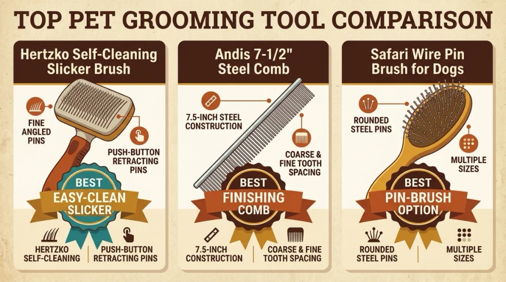 Infographic comparing a slicker brush, Andis steel comb, and Safari pin brush.