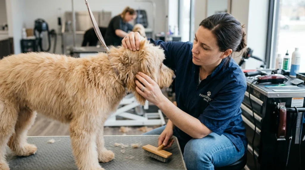 Groomer inspecting a tight mat on a dry dog before bathing.