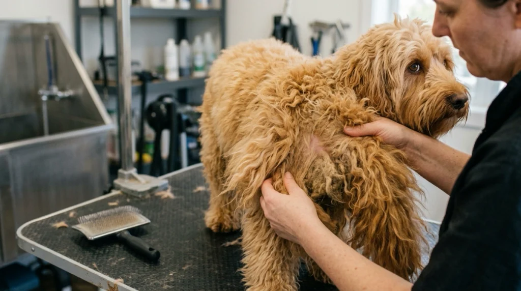 Groomer parts a dog's long coat to reveal a tight hidden mat near the skin.