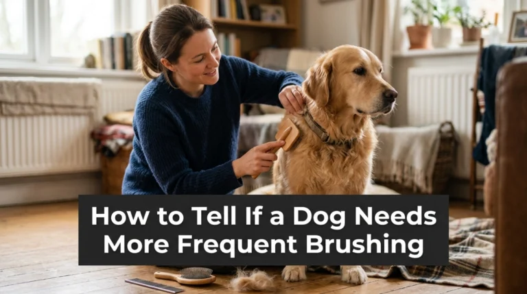 Owner gently brushes a dog while checking its coat for loose fur and tangles.