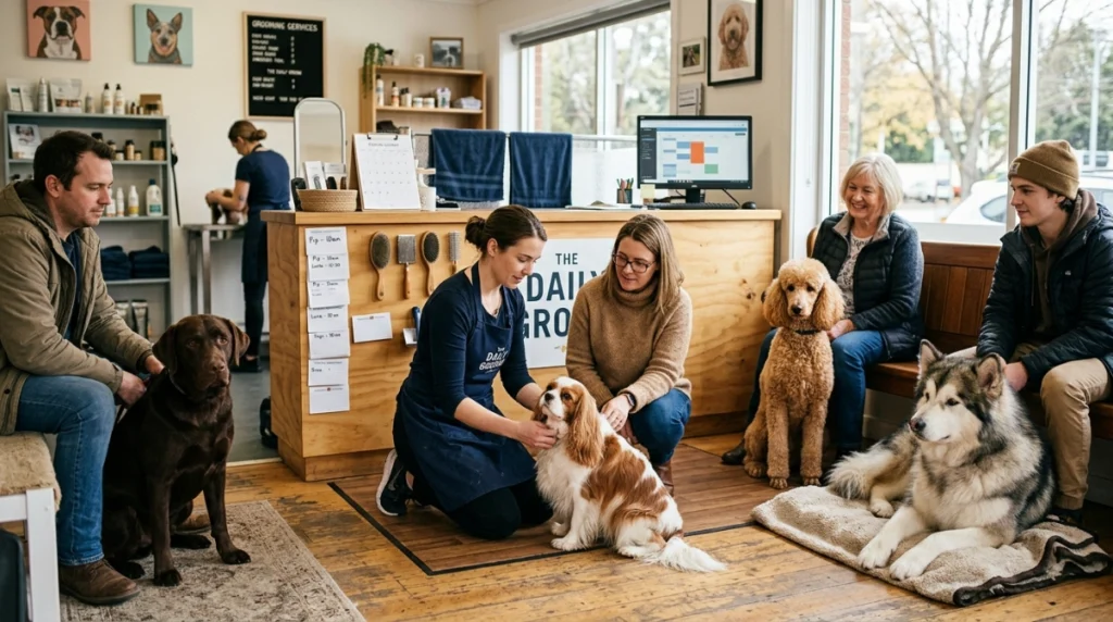 Four dogs with different coat types illustrate why professional grooming schedules vary.