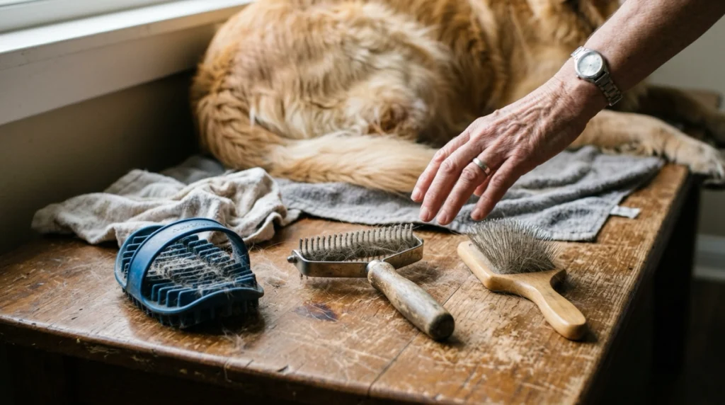 Rubber brush, grooming rake, and slicker brush arranged for different dog coats.