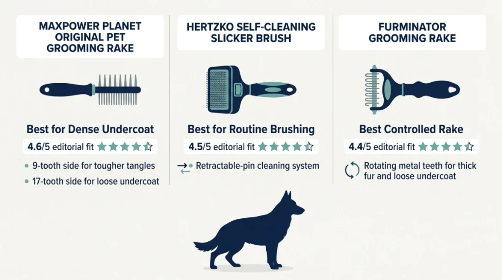 Comparison of three German Shepherd grooming brushes for undercoat, routine brushing, and coat control