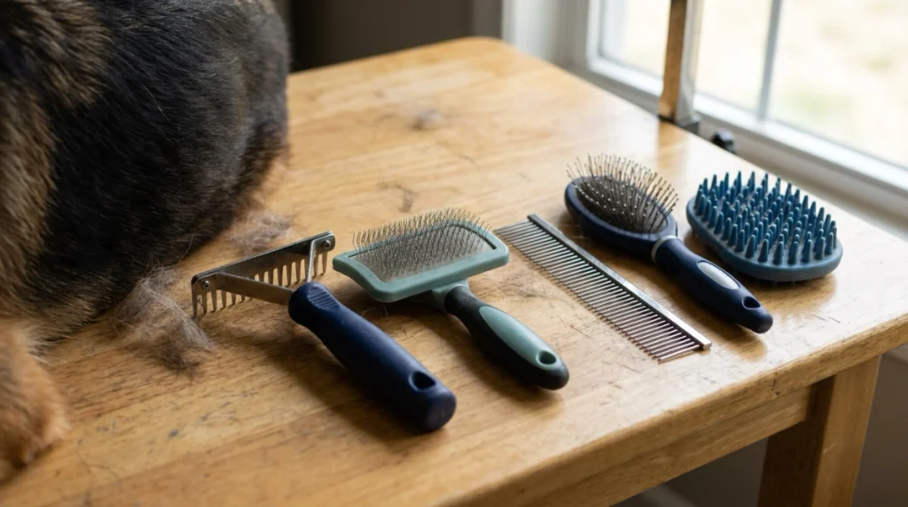 Undercoat rake, slicker, comb, pin brush and rubber brush for German Shepherd grooming