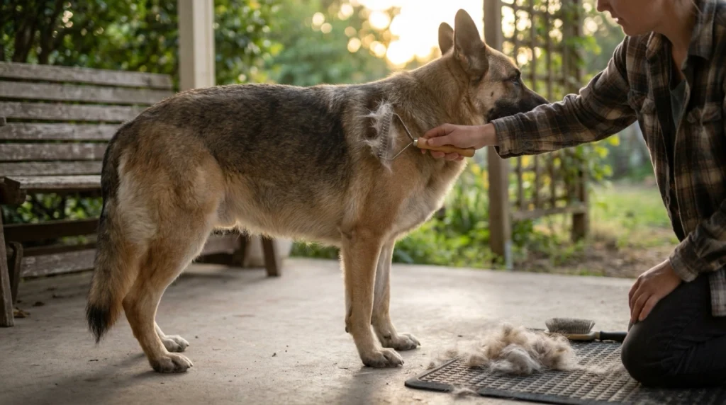 Owner brushing a German Shepherd during coat blow with loose undercoat visible in the rake
