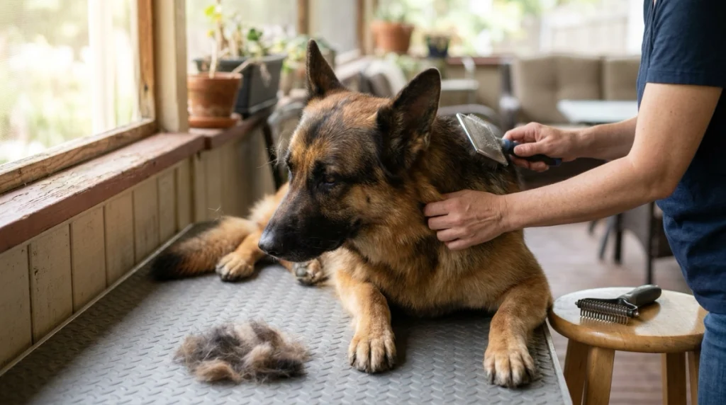 Owner showing how to brush a German Shepherd gently from surface coat to undercoat