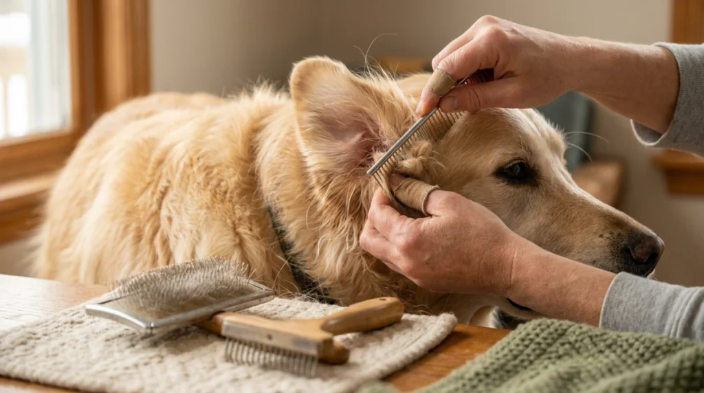 How to brush a Golden Retriever gently while working around a small ear-area tangle
