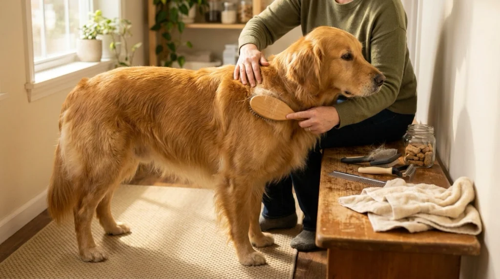 How to brush a Golden Retriever by parting its coat and brushing section by section