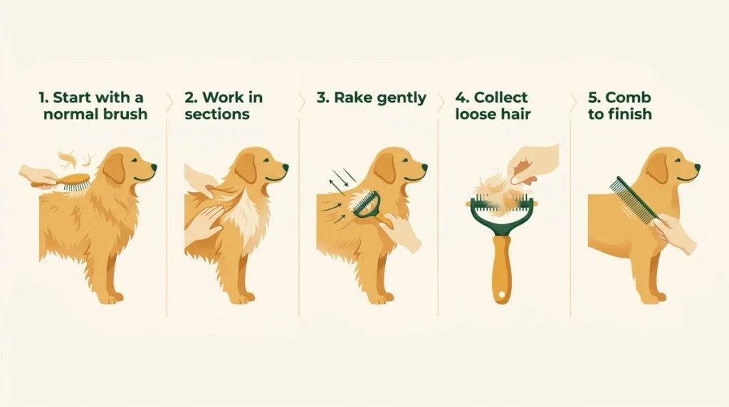 How to brush a Golden Retriever during shedding shown in a five-step grooming diagram