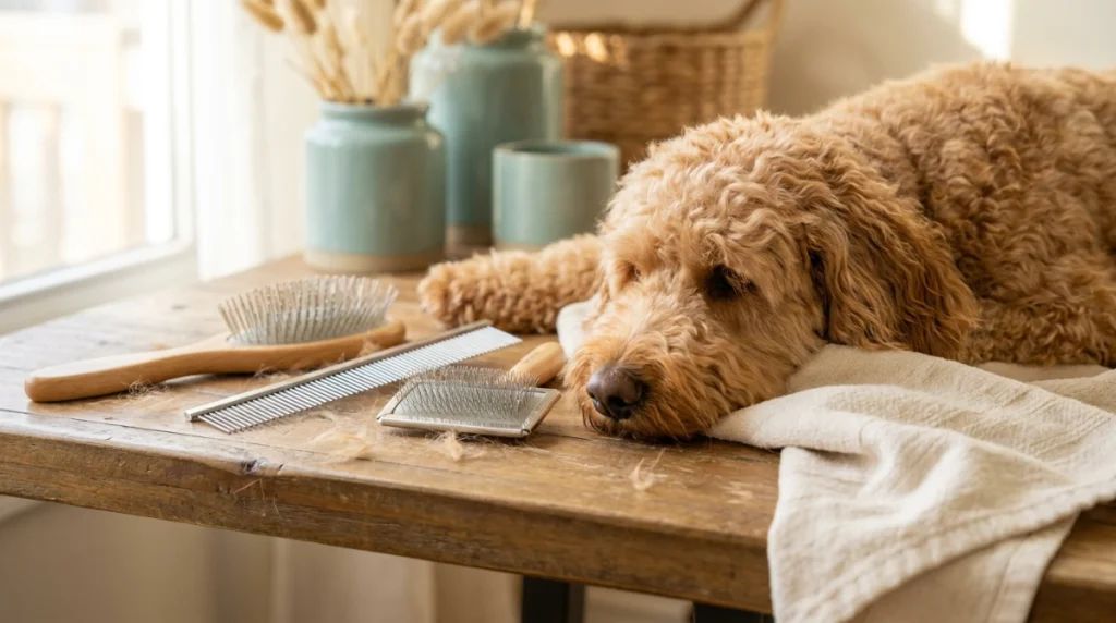Slicker brushes and steel grooming comb used when learning how to brush a Goldendoodle.